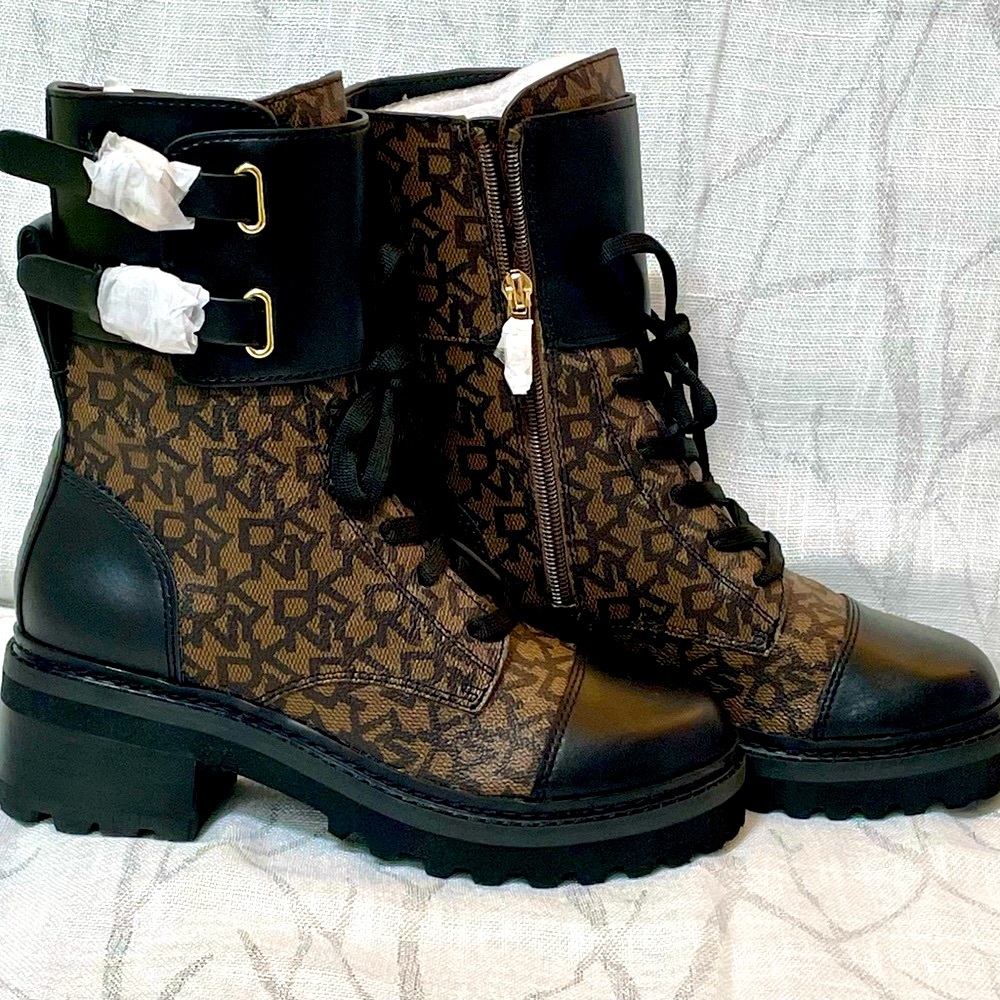 DKNY Bart Logo Brown Combat Boots NIB